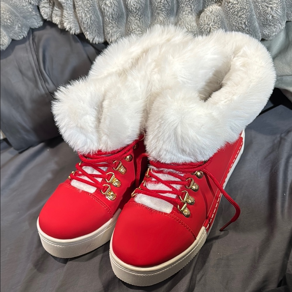 Red and White Women's Winter Boots